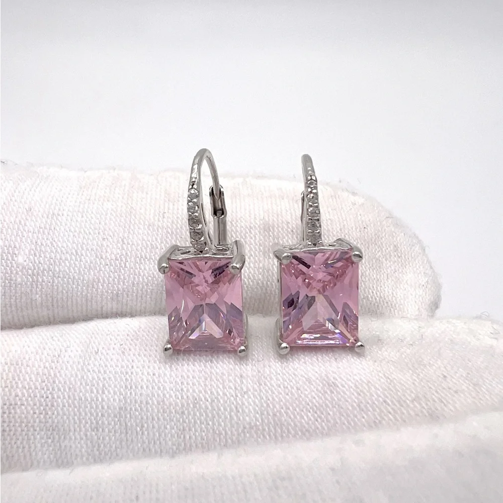 .925 Sterling Silver 9mmx7mm Rectangle Pink Cz Lever Back Earrings - Picture 4 of 13